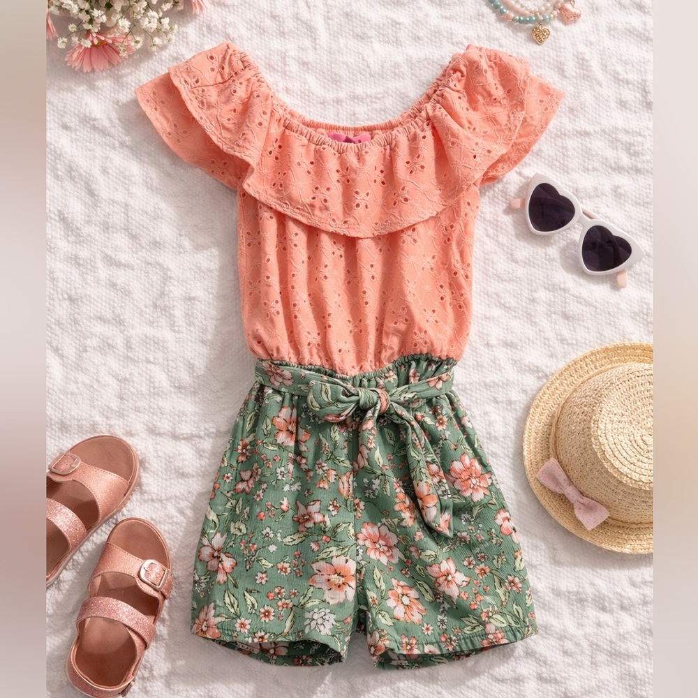 Paper Doll Girls Eyelet Floral Romper Peach Green Size XS 5/6